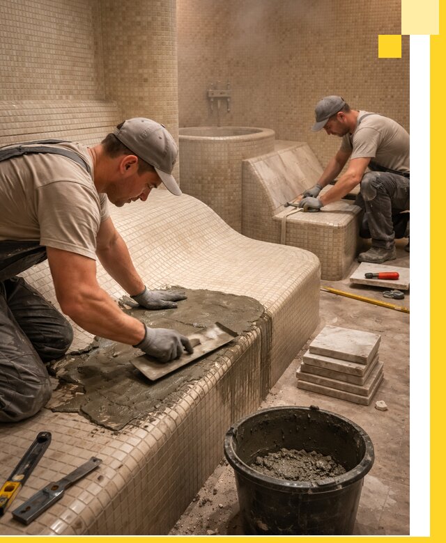 Лежаки для хамама под ключ в Первоуральске, проект и монтаж